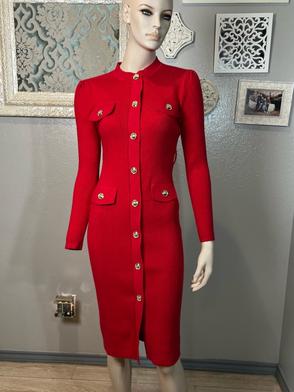 Balmain INSPIRED Red Long-Sleeve Midi Button-Front Knit Dress